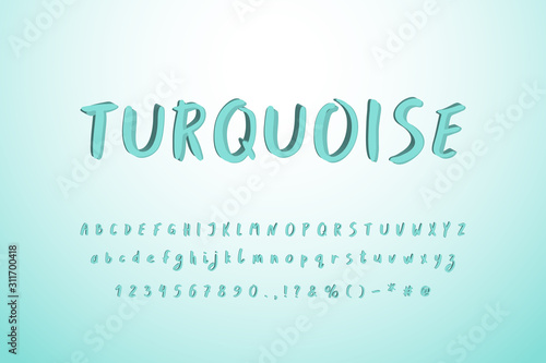 Paintbrush vector Typeface. Turquoise blue green colors. Uppercase and lowercase alphabet letters, numbers. Original 3D font for modern design. Gradient cyan color background
