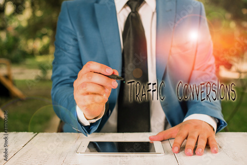 Text sign showing Traffic Conversions. Business photo text visitor who has been converted into a client or customer Businessman holds pen and points into copy space © Artur