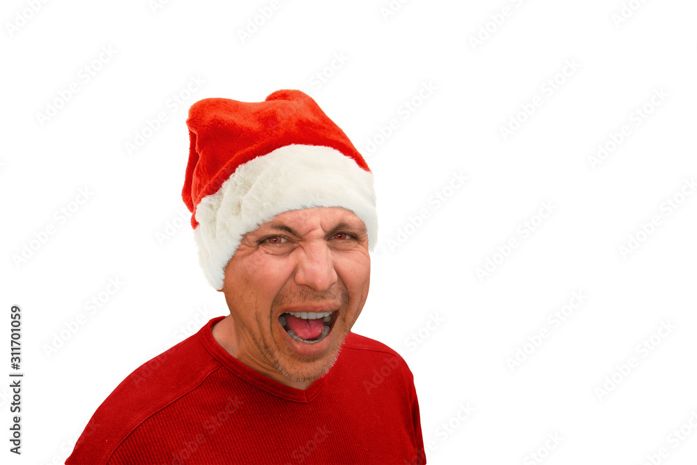 Furious Santa. Man with angry face in Santa Claus hat looks into camera and shouts. Isolated full faced portrait on white background. Bad holiday party concept Furious Santa. Man with angry face in Santa Claus hat looks into camera and shouts. Isolated full faced portrait on white background. Bad holiday party concept