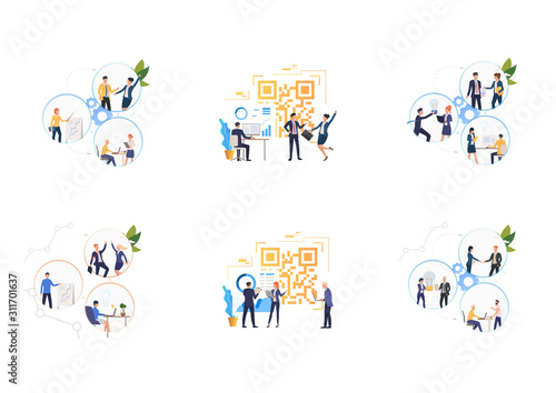 Set of people creating successful project and analyzing QR code. Flat vector illustrations of development, teamwork, scanning. Business analysis concept for banner, website design or landing web page