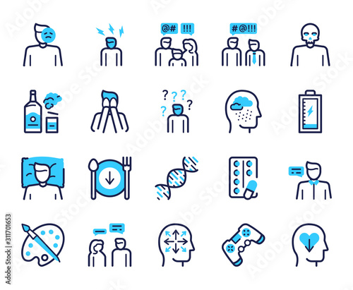 Depression symptoms blue linear vector icons set