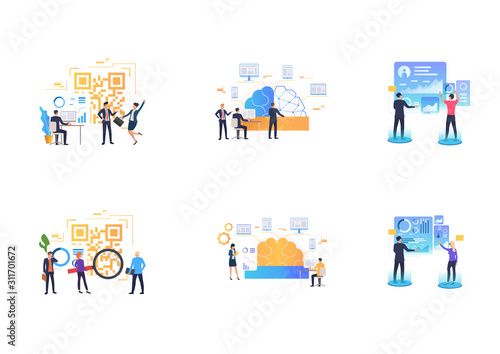 Set of people analyzing graphs and QR code. Flat vector illustrations of development, teamwork, scanning. Business analysis concept for banner, website design or landing web page