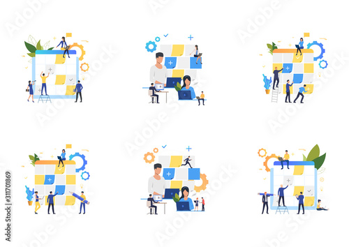 Set of people working with planning boards. Flat vector illustrations of employees sticking notes on Kanban board, working on laptop. Business concept for banner, website design or landing web page