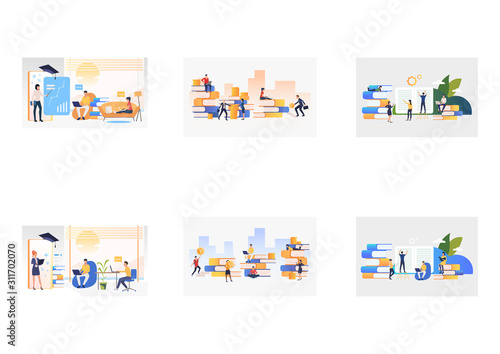 Set of workers and student getting financial education. Flat vector illustrations of people studying. Education concept for banner, website design or landing web page