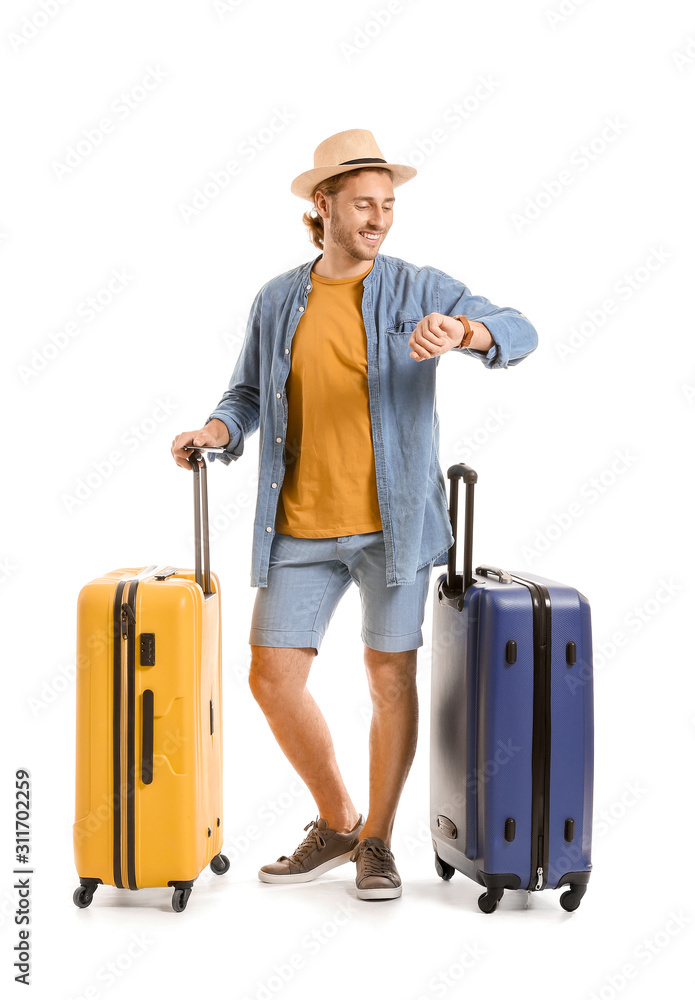 Young tourist with luggage isolated on white Young tourist with luggage isolated on white