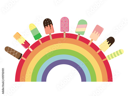 Rainbow with vanilla ice cream collection set on wooden strick in different flavour isolated on white background.Vector.