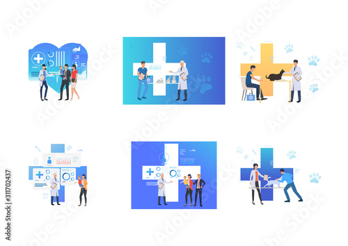 Set of people visiting clinics. Flat vector illustrations of clinic, vet clinic, veterinary. Treatment, consultation, animal and child care concept for banner, website design or landing web page