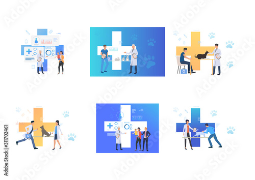 Set of people visiting vet and pediatrician. Flat vector illustrations of clinic, vet clinic, veterinary. Treatment, animal and child care concept for banner, website design or landing web page