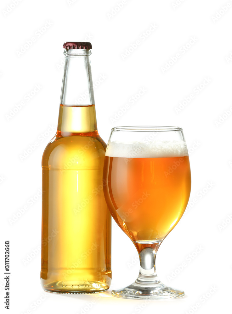 Glass and bottle of fresh beer on white background Glass and bottle of fresh beer on white background