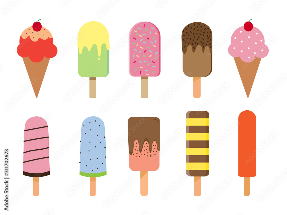 Rainbow vanilla popcicle on wooden stick and strawberry ice cream cone scoop with cherry topping collection set in different flavour isolated on white background.Flat icon.Vector.Illustration. Rainbow vanilla popcicle on wooden stick and strawberry ice cream cone scoop with cherry topping collection set in different flavour isolated on white background.Flat icon.Vector.Illustration.