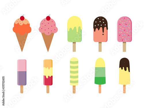 Rainbow vanilla popcicle on wooden stick and strawberry ice cream cone scoop with cherry topping collection set in different flavour isolated on white background.Flat icon.Vector.Illustration.