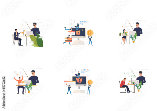 Set of cybercrime teams hacking into computers. Flat vector illustrations of hackers breaking private info. Hacker attack concept for banner, website design or landing web page