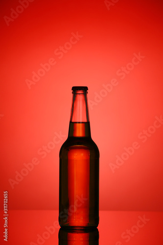 Bottle of fresh beer on color background