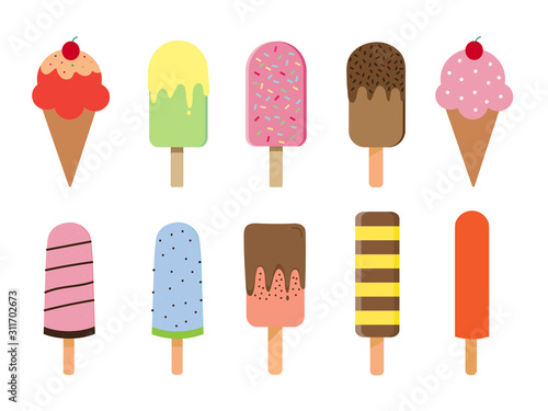 Rainbow vanilla popcicle on wooden stick and strawberry ice cream cone scoop with cherry topping collection set in different flavour isolated on white background.Flat icon.Vector.Illustration.