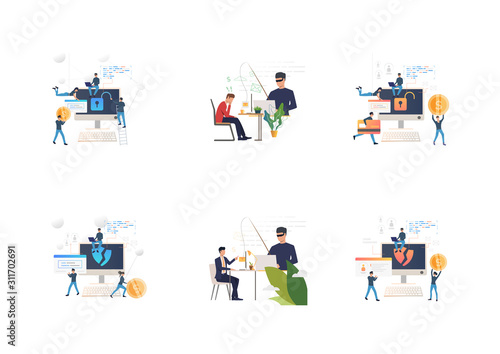 Set of people hacking data. Flat vector illustrations of hackers breaking private info. Hacker attack concept for banner, website design or landing web page