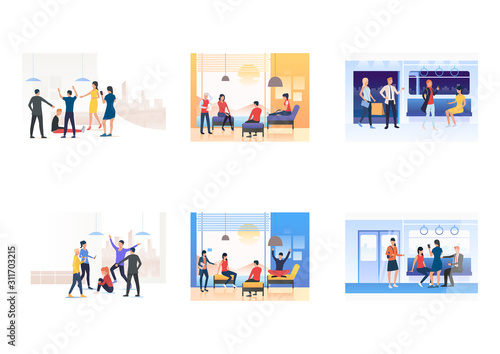 Set of young people in various situations. Flat vector illustrations of people at public transport, bullying. Communication, transportation concept for banner, website design or landing web page