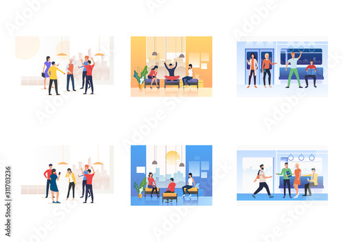 Set of people blaming mate. Flat vector illustrations of friends chatting, people at public transport. Communication, aggression, transportation concept for banner, website design or landing web page