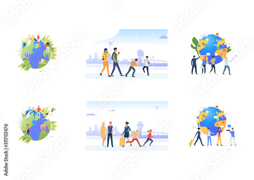Set of travelers at airport and world globes. Flat vector illustrations of people walking with luggage, talking. International traveling concept for banner, website design or landing web page