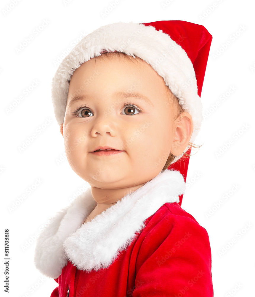 Cute little baby in Santa Claus costume on white background Cute little baby in Santa Claus costume on white background