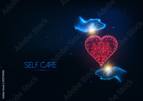 Futuristic Self Care concept with glowing low polygonal human hands hugging red heart symbol