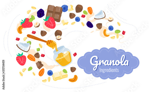 Granola ingredients like berries, chocolate, nuts, crispy rice, chia and pumpkin seeds, coconut, honey.
