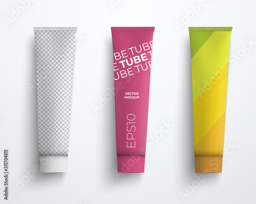 Three mockup of vector cosmetic plastic tube for cream and liquids.