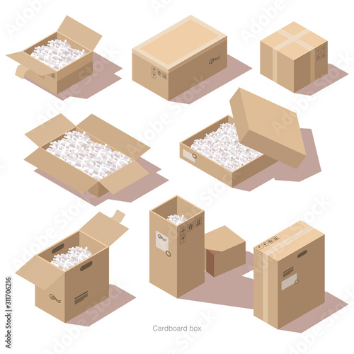 Isometric brown cardboard delivery package boxes open and closed. Vector set of storage boxes with filler for fragile cargo. Goods packaging for postal transportation isolated on white background