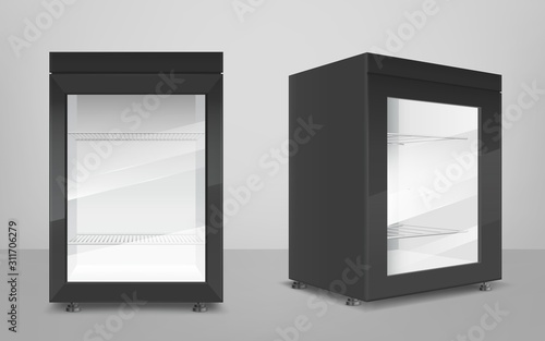 Empty mini refrigerator with transparent glass door. Vector black fridges for drink or fresh food in supermarket or kitchen. Modern cooler with shelves front and corner view