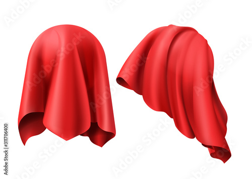 Sphere covered with red cloth. Vector template of ball hidden under silk veil or curtain and unveiling for presentation, surprise, gift isolated on white background
