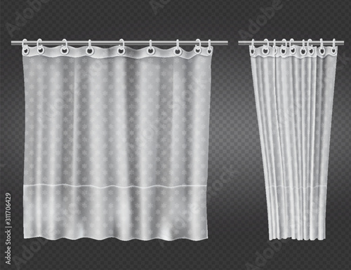 White clear shower curtains with flowers pattern isolated on transparent background. Vector realistic mock up of open and closed blank draped bathroom curtains hanging on plastic rings and metal rod