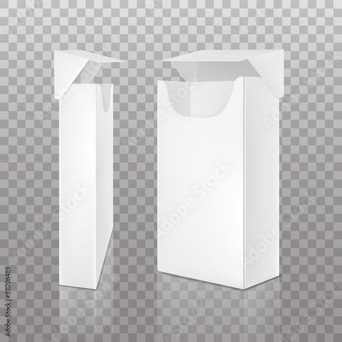Empty open pack of slim cigarettes isolated on transparent background. Vector realistic mockup of white paper package box for tobacco products view from different sides