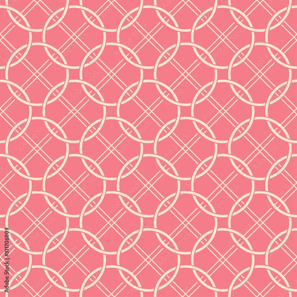 Fototapeta premium Geometric print with circles. Beige pattern on pink seamless background