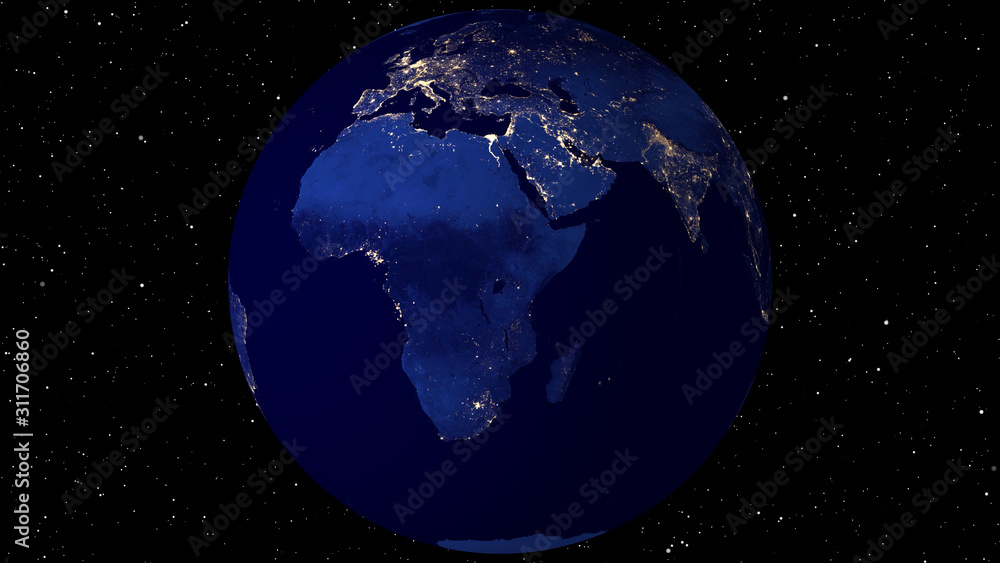 illustration of Beautiful rotating Africa and Europe Earth. View from Space Satellite. Cities light glow at Night.Close up planet at nigh time.3D Rendering animation using satellite imagery (NASA).