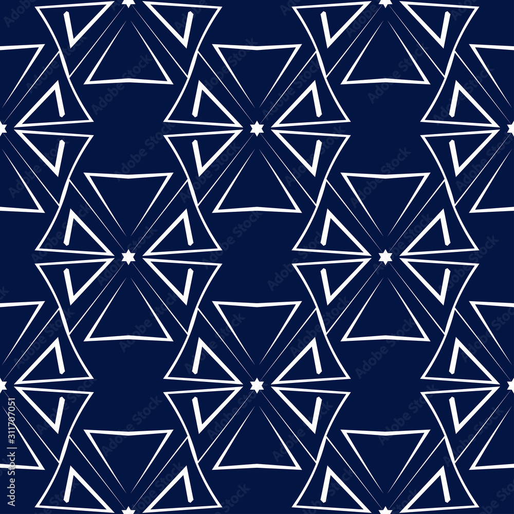 Geometric seamless design. White triangle pattern on dark blue background Geometric seamless design. White triangle pattern on dark blue background