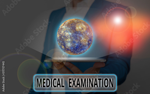 Word writing text Medical Examination. Business photo showcasing Checkup carried out to determine the physical fitness Elements of this image furnished by NASA