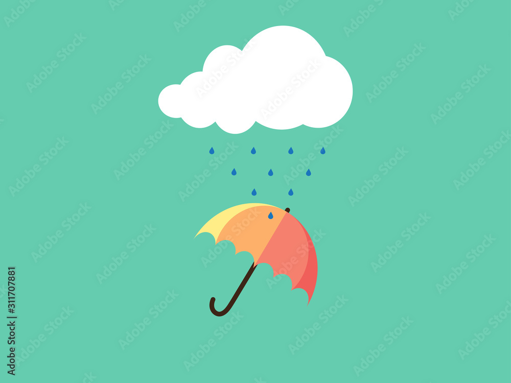 Cartoon cute cloud and water droplets with orange umbrella (Parasol) isolated on green background in heavy rainy day.Monsoon season.Weather forecast.Vector.Illustration. Cartoon cute cloud and water droplets with orange umbrella (Parasol) isolated on green background in heavy rainy day.Monsoon season.Weather forecast.Vector.Illustration.