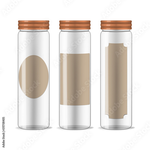 Clear glass jars with screw wooden lids and blank vintage label stickers, vector mockup set. Food storage container. Empty transparent canister, realistic illustration