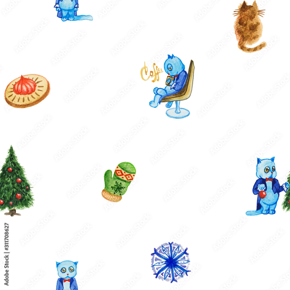 Watercolor cat wearing tuxedo, christmas tree, mitten, cookie and snowflake. Hand drawn seamless pattern, isolated on white background