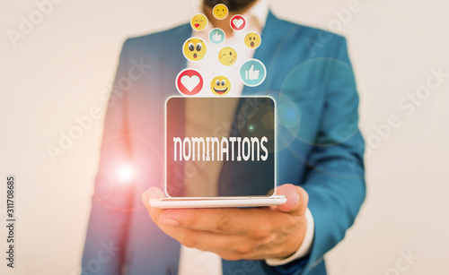 Conceptual hand writing showing Nominations. Concept meaning action of nominating or state being nominated for prize photo