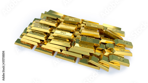 Stacked pile of gold bars. 3D rendered illustration isolated on white background. Selective focus macro shot with shallow DOF photo