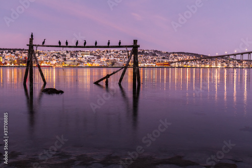 Amazing sunrise with amazing magenta color over Tromso, Norway. Fishing building. Polar night. long shutter speed