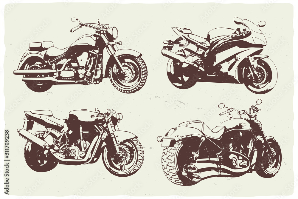 Obraz premium Isolated set of monochrome illustrations of 4 different motorcycles.