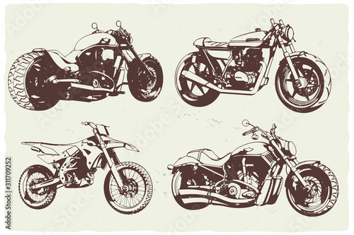 Isolated set of monochrome illustrations of 4 different motorcycles.