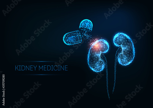 Futuristic kidneys medicine concept with glowing low polygonal human kidneys and capsule pills
