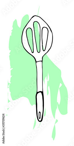 Hand drawing spatula for a frying pan. Outline sketch of turner for cook food. Kitchen accessories.