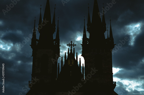 Photography Dark gothic church with dramatic sky in the background in horror or halloween, w