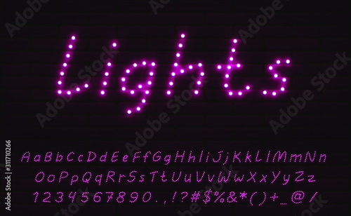 Set of pink bulbs font on a brickwall background. Editable glowing letters, numerals, signs, icons for web design and advertising
