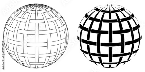 globe sphere planet earth with intertwined Parallels and meridians, vector intertwined lines globe