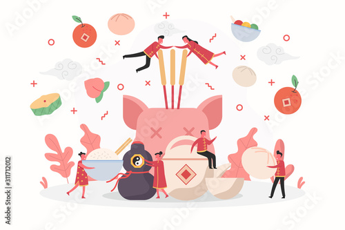 concept of Chinese new year festival with tiny people character bring food to pay respect ancestors, flat vector illustration for web, landing page, ui, banner, editorial, mobile app and flyer