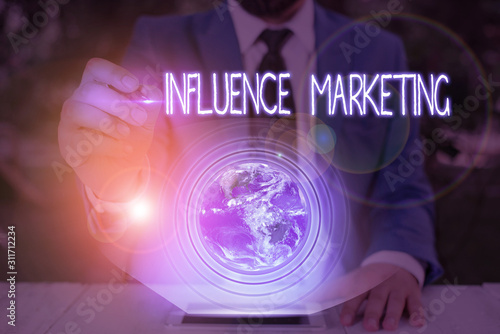 Conceptual hand writing showing Influence Marketing. Concept meaning Using key leaders to drive a brand s is message to market Elements of this image furnished by NASA photo